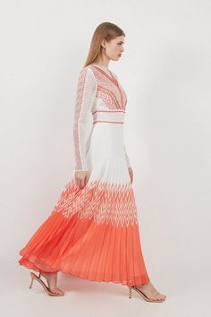 Guipure Lace Pleated Printed Woven Maxi Dress | Karen Millen Summer Midi Dress With Contrast Lace For Party, Summer Party Midi Dress With Contrast Lace, Fitted Summer Midi Dress With Contrast Lace, Fitted Midi Dress With Contrast Lace For Summer, Chic Spring Dress With Contrast Lace, Summer Party Dress With Contrast Lace, Elegant Spring Midi Dress With Contrast Lace, Elegant Midi Dress With Contrast Lace For Spring, White Summer Cocktail Maxi Dress