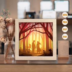 the silhouettes of two people walking through a forest in front of a vase with dried flowers