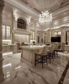 Pretty Mansion Interior, Fancy Big Kitchen, Royal Laundry Room, Mansion Kitchen Modern, Rich Kitchen Luxury Modern, Rich Kitchen Aesthetic, House For Shifting, Fancy Kitchen Luxury, Old Money House Kitchen