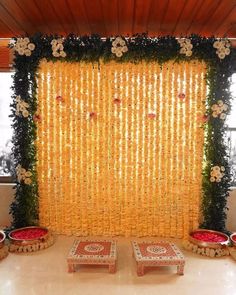 30+ Marigold Decor Ideas For Small Functions | WedMeGood Haldi Ceremony Decorations At Home Simple, Haldi Ceremony Decorations At Home, Indian Backdrop, Leaf Decor Wedding, Haldi Decoration Ideas, Haldi Ceremony Decorations, Haldi Decoration, Small Wedding Decor, Decorate Ideas