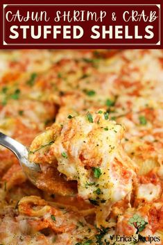 a spoonful of cauliflower and cheese stuffed shells is being lifted from a casserole dish