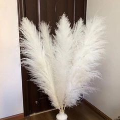 there is a vase with some white feathers in it