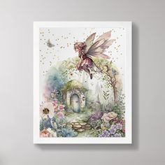 a watercolor painting of a fairy sitting on top of a mushroom house surrounded by flowers