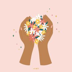 two hands holding a bouquet of flowers on a pink background with stars and confetti