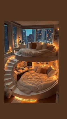 two beds in a room with lights on the floor and stairs leading up to them