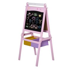 a pink easel with a chalkboard and bins