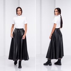 "Super chic and modern, this leather skirt is a timeless piece to your wardrobe. With an elastic waistband- a loose and comfy design you can wear this piece to so many occasions. The model in the picture is 168cm. ⅼ 5.5 ft. tall and is wearing size S / color: Black 🌟 INFO: * Worldwide EXPRESS shipping - please provide a phone number for shipping documents * US Sizing XS to 4XL - size chart available below - all measurements of the body * We offer customization to Personal Measurements & Larger Leather Skirt Long, Circle Maxi Skirt, Shipping Documents, Long Leather Skirt, Skirt Circle, Gothic Skirt, Vegan Leather Skirt, Skirt Long, Faux Leather Skirt