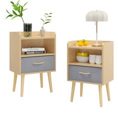 two nightstands side by side with one open and the other closed