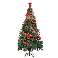 a decorated christmas tree with red bows and ornaments on it's top, against a white background