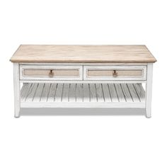 a white coffee table with two drawers on the bottom and one drawer at the top