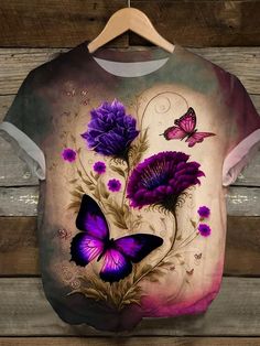 Purple Vintage Butterfly Floral Crew Neck T-shirt Embroidered Denim Jacket, Purple Vintage, Light Blue Shirts, Womens Floral Dress, Trendy Graphic Tees, Vintage Butterfly, Embroidered Denim, Elegant Shirt, Crew Shirt