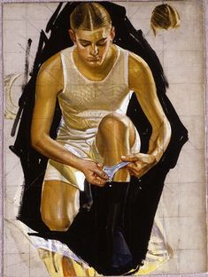 a painting of a woman tying her shoes