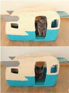 two pictures of a cat in a crocheted airplane bed