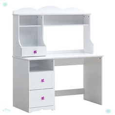 a white desk with two drawers and a shelf above it, on a white background