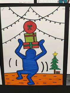 a drawing of a person holding a stack of presents in front of a christmas tree