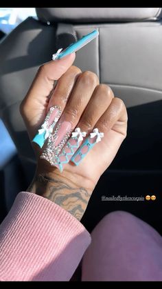 Long Nails Inspo 2024, Blue Long Nails Acrylic, Blue Birthday Nails Short, Rod Wave Nails, Light Blue Birthday Nails, Long Nails Design 2024, Blue Freestyle Nails, Baby Gender Reveal Nails, Capricorn Nails Designs