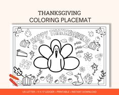 a thanksgiving coloring page with the words happy thanksgiving and a turkey on it's face