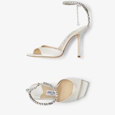 SAEDA SANDAL 100 | Ivory Satin Sandals with Crystal Embellishment | Spring 2023 collection | JIMMY CHOO Jimmy Choo Saeda, Satin Sandals, Wedding Dress Shoes, Crystal Chain, 2023 Collection, Crystal Embellishment, Personal Stylist, Jimmy Choo, Embellishments