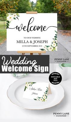 wedding welcome sign and place card on a table