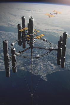 an aerial view of the space station and its surrounding satellite dishes, taken from above