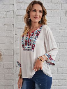 White Boho Collar Three Quarter Length Sleeve Rayon Tribal Top Embellished Non-Stretch Spring/Fall Women Tops, Blouses & Tee Folklorico Dresses, Graphic Embroidery, Rose Graphic, Instruções Origami, Embroidery Top, Bollywood Movie, Trendy Fashion Women, Kids Beachwear, Women Tops