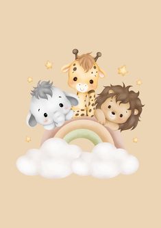 three children are sitting on top of a cloud with a giraffe and two other animals