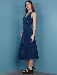 Women's Designer Premium Denim Vest Midi Dress in Dark Wash Denim Dark Wash Midi Dress With Pockets, Casual Dark Wash Midi Denim Dress, Indigo Knee-length Cotton Midi Dress, V-neck Denim Dresses With Pockets, Summer Workwear Indigo Dress, Medium Wash Midi Dress With Pockets, Medium Wash V-neck Dress With Pockets, Sleeveless Indigo Denim Dress, V-neck Medium Wash Dress With Pockets