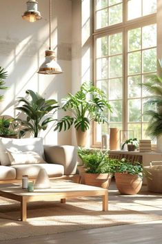 a living room filled with lots of potted plants