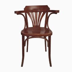 an antique wooden chair with curved back and arm rests against a white background for the viewer to see