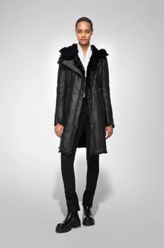 Women's Fur Shearling Parka Leather Coat In Black Leather Shorts Women, Short Leather Skirts, Leather Jumpsuit, Sheepskin Jacket, Shearling Vest, Studded Jacket, Distressed Jacket, Western Jacket, Leather Finish