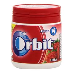 a jar of toothpaste that is red and white with the word orbitit on it