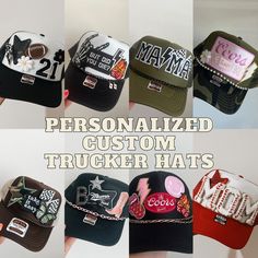 PLEASE MESSAGE ME YOUR IDEAS BEFORE PURCHASING SO WE CAN MAKE SURE WE HAVE WHAT YOU LOVE 🫶🏼 These personalized custom made trucker patch hats are perfect for any occasion whether it be for spring/summer time, a lake hat, a gift for someone, or just a cute accessory to add a little spice to your outfit 🧢✨ PATCH BUNDLES- -Basic level means about one main patch and two smaller patches -Intermediate level means about one main patch and three smaller patches -Advanced level means about one main patch, a letter, number, or initial, and two or three smaller patches  DETAILS-  * These hats are one size with an adjustable SnapBack that is adjustable from 20in. - 23.5in. * We offer a wide range of color options for hats * The material of the hat is polyester with iron on patches  REFUNDS AND CANC Cheap Customizable Snapback Hat As Gift, Cheap Trucker Hat With Logo Patch Snapback, Cheap Customizable Sports Hats, Football Trucker Hat With Patches, Patch Hats Baseball Caps, Mom Trucker Hats, Diy Trucker Hat Patch, Hat Patches Design, Trucker Hat Designs With Patches