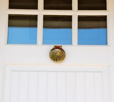 a sea shell hanging on the side of a white door