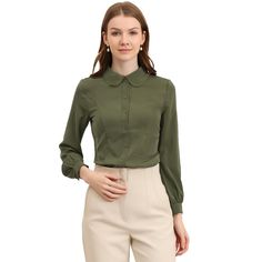 Feel confident flaunting your classic, yet edgy style in this classic peter pan collar office shirt. Featuring button up at front, long puff sleeves, peter collar and princess line. This button-up shirt is a polished piece for the weekend and workday alike. The only improvement a classic button-up shirt needs is a relaxed fit, and that's how this one perfects the beloved staple. Size: small. Color: army green. Gender: female. Age Group: adult. Pattern: Solid. Material: Polyester. Solid Long Sleeve Shirt For Office, Collared Office Shirt With Placket, Fall Office Shirt With Button Cuffs, Office Shirt With Collared Neckline And Placket, Office Shirt With Collared Placket, Collared Shirt With Placket For Office, Long Sleeve Shirt With Button Cuffs For Office, Office Long Sleeve Shirt With Button Cuffs, Workwear Shirt With Button Cuffs And Collar