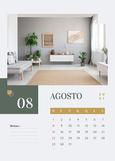 an image of a calendar for the month of august in spanish and english, with a living room scene behind it