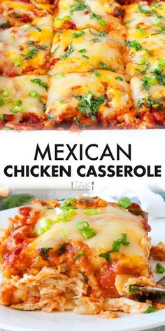 mexican chicken casserole on a white plate with text overlay that reads, mexican chicken casserole