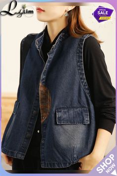 Loose Blue Stand Collar Print Button Pockets Cotton Waistcoat Sleeveless Casual Button-up Vest Outerwear, Cotton Button-up Vest With Buttons, Casual Button Closure Vest For Fall, Casual Vest With Button Closure For Fall, Casual Fall Vest With Button Closure, Blue Sleeveless Denim Vest For Fall, Spring Denim Blue Buttoned Vest, Blue Button-up Vest For Spring, Fall Button-up Denim Vest