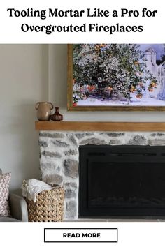 Stone fireplace with a wooden mantel, decorated with a painting and pottery.