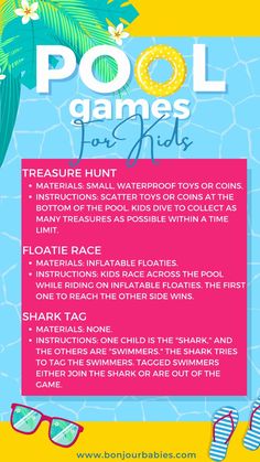 the pool games for kids flyer is shown with sunglasses and palm trees in the background