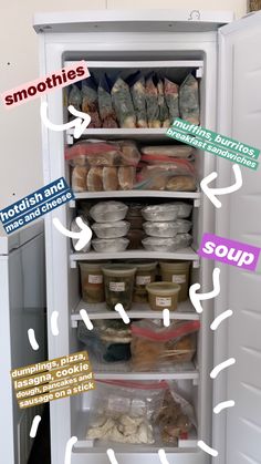 an open refrigerator filled with lots of food and labeled labels on the door that says smoothies