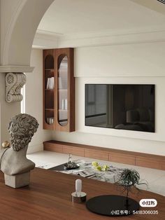 a living room filled with furniture and a flat screen tv mounted on the wall above it