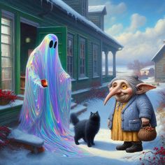 a painting of a ghost and a cat in front of a house with snow on the ground