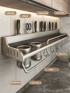 an image of kitchen utensils hanging on the wall with labels describing their features