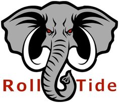 an elephant with red eyes and the word roll tide