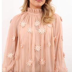 This Blouse Has A Bohemian Vibe That Is Detailed With Delicate Flowers, Flowing Silhouette And Ruffled Accents. You Can Pair With Jeans Or Trousers To Complete The Look. Lightweight, Semi-Sheer Long Sleeves Ruffled Neckline Floral Appliqus Ruffled Accents Fabric: 100% Polyester Size Small Brand New With Tags! Retails $118 Pink Long Sleeve Blouse For Spring, Long Sleeve Pink Blouse For Spring, Peach Party Tops For Spring, Peach Party Top For Spring, Feminine Pink Blouse For Spring, Pink Floral Print Blouse For Party, Pink Blouse For Spring Party, Chic Pink Blouse With Floral Embroidery, Elegant Pink Tops With Floral Embroidery