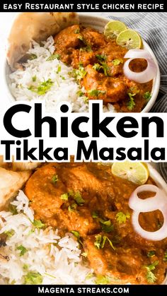 the chicken tikka masala is served with rice and cilantro on top