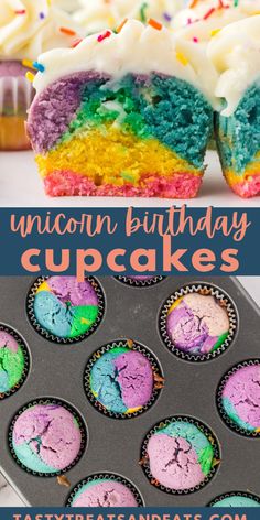 rainbow birthday cupcakes with white frosting and sprinkles