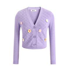 The long sleeves provide warmth and versatility, making it the perfect addition to your wardrobe for any season. Made from high-quality polyester, this cardigan offers a lightweight and breathable feel, ensuring optimal comfort throughout the day. The enchanting shade of purple adds a touch of elegance, making this cardigan a standout piece for any occasion. Its knitting floral pattern showcases intricate craftsmanship and adds a feminine charm to your outfit. The striped cuffs provide a subtle Trendy Purple V-neck Cardigan, Lavender V-neck Cardigan For Fall, Lavender Knit Sweater For Fall, Trendy Lavender Fall Sweater, Trendy Lavender Sweater For Fall, Trendy Lavender Winter Sweater, Lavender Long Sleeve Sweater For Winter, Lavender Long Sleeve Winter Sweater, Purple Long Sleeve Winter Sweater