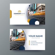 two business cards with an image of train tracks