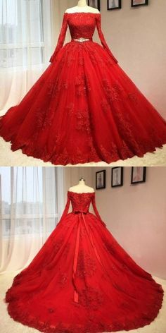 Long Sleeve Quinceanera Dresses, Red Lace Wedding Dress, Wedding Dresses Off The Shoulder, Red Ball Gowns, Long Sleeve Bridal Dresses, Red Prom Dress Long, Red Lace Prom Dress, Red Wedding Dress, Lace Applique Wedding Dress